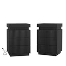 (Set of 2) Black Nightstand Set of 2 with Charging Station & LED Lights, Fluted Wave Panel Bedside Table with Sliding Top Hidden Storage, Night Stand for Bedroom Living Room