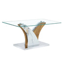 Modern Rectangular Coffee Table with Tempered Glass Top and Artistic MDF Legs, White and Wood Finish, 39.4 x 21.6 Inches