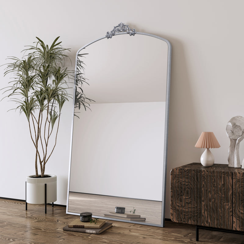 Full Length Mirror 36x66 Inch Vintage Ornate Arched Floor Mirror Metal Framed Mirror Dressing Mirror Oversized Wall Mirror, for Entryway, Living Room, Bedroom, Clothing Shop,  Antique Silver