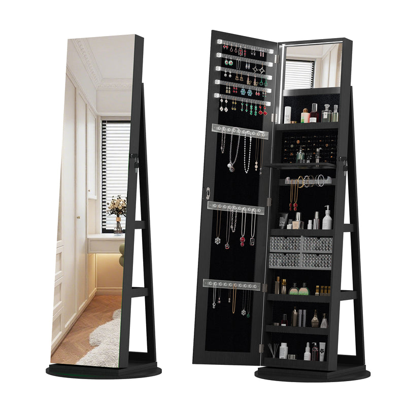 360°Swivel Jewelry Cabinet with Full Length Mirror, 360°Rotating Standing Jewelry Armoire Organizer, Lockable Storage Cabinet, Interior Lighted Mirror, Black