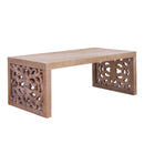 47.2 Rustic Carved Wood Coffee Table – Handcrafted Look with Ornate Side Panels, Natural Finish