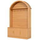 Farmhouse Fabric Arched Top Hall Tree with 5 Metal Hooks, All-in-One Mudroom Furniture with Adjustable Shelves, Mid-Century Fluted Door Entryway Bench with Wood Grain Finish for Hallway, Natural
