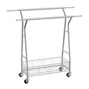 Clothes Rack, Rolling Clothing Garment Rack with 2 Hanging Rods and Storage Basket, 330 lbs Load Capacity, Extendable Carbon Steel Clothing Racks with Wheels for Bedroom, Laundry, Living Room
