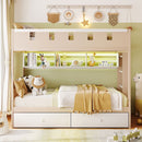 Twin Size Castle Style Bunk Bed with 2 Drawers,Shelf,and LED,White+Antique Pink