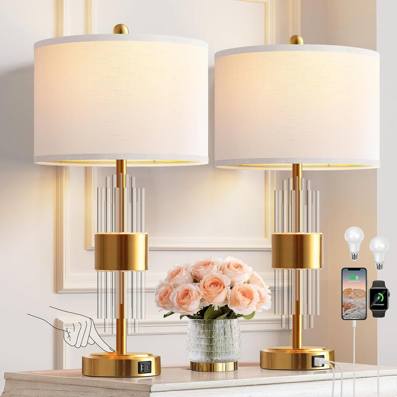Bedside Table Golden Lamp For Living Room With USB Ports, Set Of 2 With Touch Control, Modern Nightstand White Drum Lamp Shade Bedrooms Home Office Light Decor (2700K LED Bulb Included)