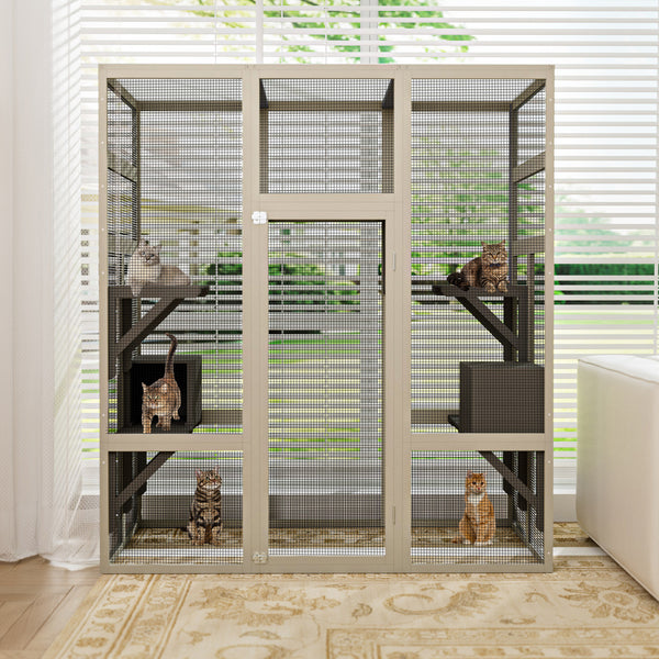 62.6' Large Outdoor Wooden Catio – Solid Wood Cat Enclosure with 5 Platforms & 2 Resting Boxes, UV-Resistant & Waterproof Outdoor Cat House Shelter Playpen