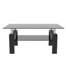 Rectangle Black Glass Coffee Table Modern Side Center Table for Living Room, Black Tempered Glass with Iron Tube