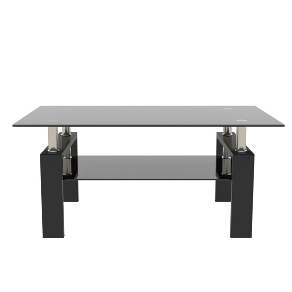 Rectangle Black Glass Coffee Table Modern Side Center Table for Living Room, Black Tempered Glass with Iron Tube