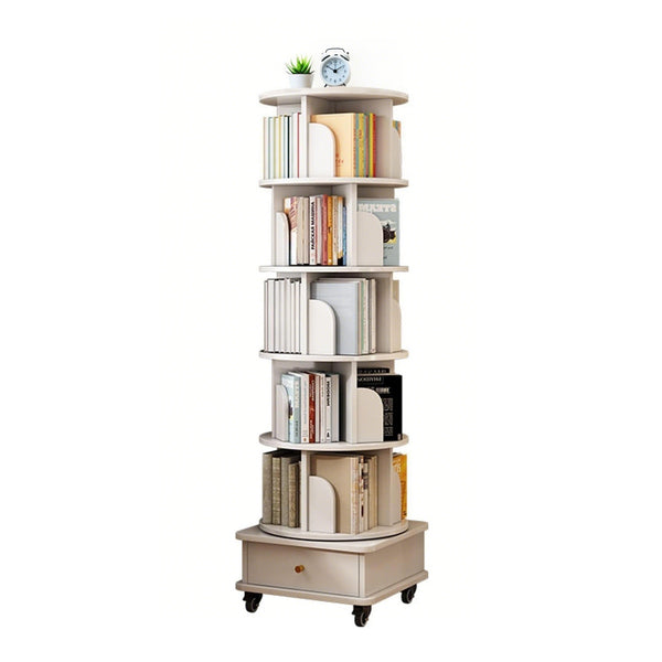 6 Tier Rotating Bookshelf with Wheels and Drawer, 360° Spinning Design, Space Saving Storage, for Home and Office, White MDF