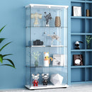 Glass Display Cabinet 4-Shelf 2 Doors with LED Push Light Lockable Glass Display Case with 5mm Tempered Glass Floor-Standing Glass Bookshelf for Bedroom, Living Room, White
