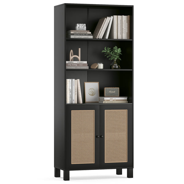 Tall Bookcase with Rattan Doors,5 Tier Storage Wood Shelves Large Bookshelf for Library Living Room Bedroom Home Office,Black