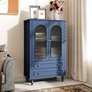 46.5'' Glass Display Cabinet with Ribbed Glass Doors,Wooden Curio Cabinet with 2 Drawers & Adjustable Shelf, Freestanding Buffet Cabinet Unit for Living Room Dining Room, Navy Blue