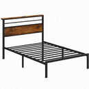Black & Vintage Brown Twin Platform Bed Frame with Charging Station and Headboard Shelves