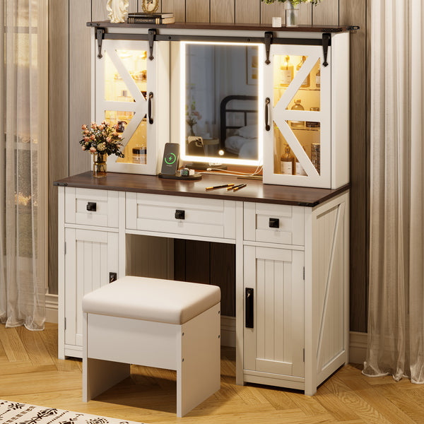 43.3' Farmhouse Makeup Vanity Desk with Lighted Mirror, Vanity Table Set with Storage Stool and Charging Station, Dressing Table with Sliding Barn Door Hidden Shelves & 3 Drawers & 4 Cabinets, Beige