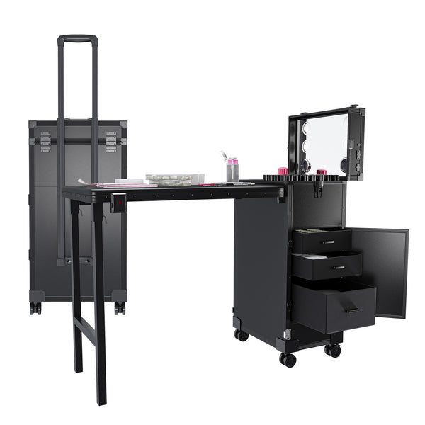 Portable Folding Nail Art Table with LED Mirror, Bluetooth, Lockable Drawers, Telescopic Pole - Black Plastic Manicure Station