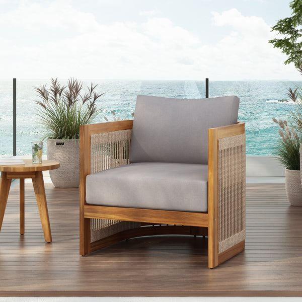 Premium Acacia Wood Outdoor Club Chair, Curved Tub Design with Woven Rope Accents, Water-Resistant Cushions, All-Weather Slat Construction