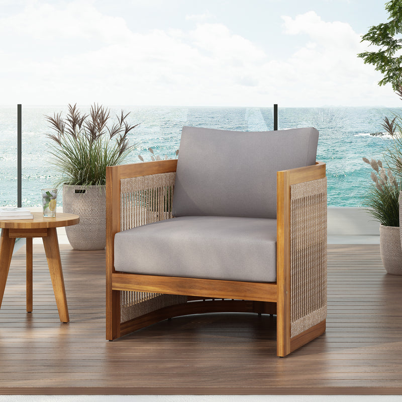 Premium Acacia Wood Outdoor Club Chair, Curved Tub Design with Woven Rope Accents, Water-Resistant Cushions, All-Weather Slat Construction