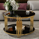 Modern Black Mirror Coffee Table, Asymmetrical Metal, Circular Metal Drum Base, Gold Finish & Lower Shelf
