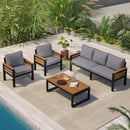 <Old SKU: N704G201246E> GO 4-Piece Outdoor Furniture Sofa Set for 5 People with  Acacia Wood Armrests, Patio Conversation Set with Removable Cushion and Solid Wood Coffee Table  for Garden, Grey