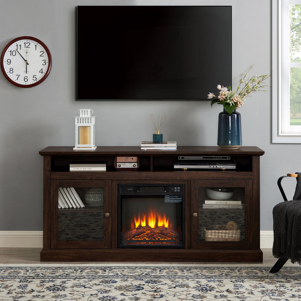 Contemporary TV Media Stand Modern Entertainment Console with 18' Fireplace Insert for TV Up to 65' with Open and Closed Storage Space, Brown, 60'W*15.75'D*29'H