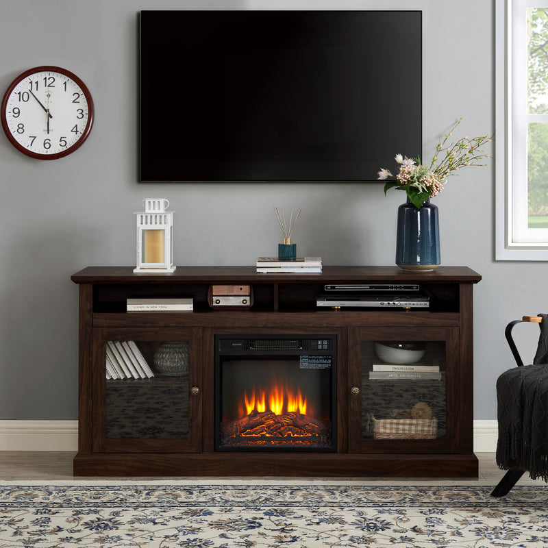 Contemporary TV Media Stand Modern Entertainment Console with 18' Fireplace Insert for TV Up to 65' with Open and Closed Storage Space, Brown, 60'W*15.75'D*29'H