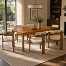 7‑Piece Dining Table Set, 70' Rectangular Rubber Wood Dining Table(Walnut Finish) with 6 Upholstered Dining Chairs, Fabric Beige Cushion & Dark Brown Rubber Wood Frame, Modern Indoor Dining Room Furni