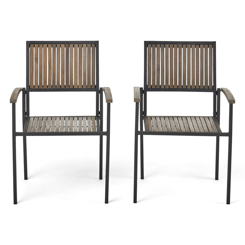 Vermilion Outdoor Dining Chair with Vertical Slat and Wooden Arm, Grey