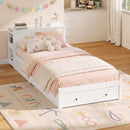 Twin Modern Platform Bed with Integrated Desk and Storage, Wood Bed Frame with wide Headboard, Footboard Drawers & Side Shelves, Multifunctional Space Saving Bedroom Furniture for Teen and Kids, White
