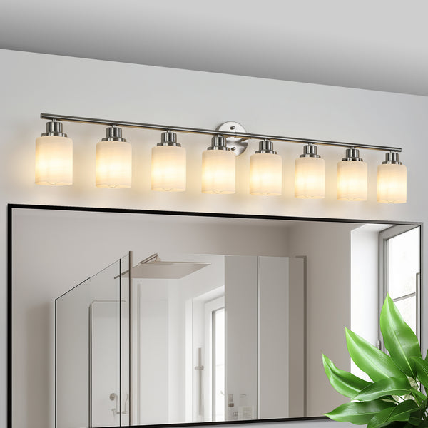 52' Modern 8-Light Vanity Wall Sconce, Brushed Nickel Finish with Frosted Glass Shades for Bathroom or Hallway Lighting (No Bulbs)