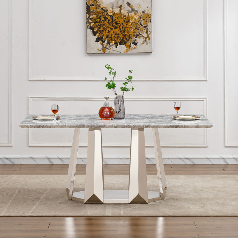 Marble Dining Table for 6 People, 70'' Rectangle Faux Marble Dining Table with Mirrored Finish Stainless Steel Base, Modern Large Size Marble Kitchen Table (Silver,Grey)(only table)