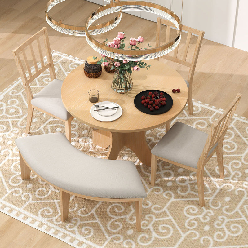 TREXM 5-piece Rustic Charm Round Dining Set with 3 Upholstered Chairs and Curved Bench for Dining Room, Kitchen and Living Room (Natural)