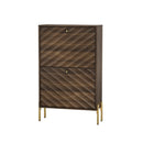 Mid-century modern walnut shoe cabinet with metal legs, freestanding organizer for entryway, hallway, and foyer, 23.6 inch height, particle board and MDF construction