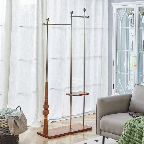 70' Industrial Coat Rack, Solid Wood & Silver Stainless Steel Clothing Rack, Double Layer Hanger for Coats, Hats, Bags, Shoes, Vintage Wood Grain (34.6' Wide)