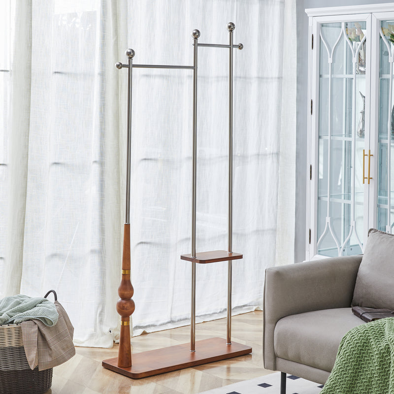 70' Industrial Coat Rack, Solid Wood & Silver Stainless Steel Clothing Rack, Double Layer Hanger for Coats, Hats, Bags, Shoes, Vintage Wood Grain (34.6' Wide)