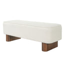 Modern Upholstered Ottoman Bench with Thick Padded Design, Warm Beige Fabric, Brown Rubberwood Legs, 56.5L x 18.4W x 19.3H inches