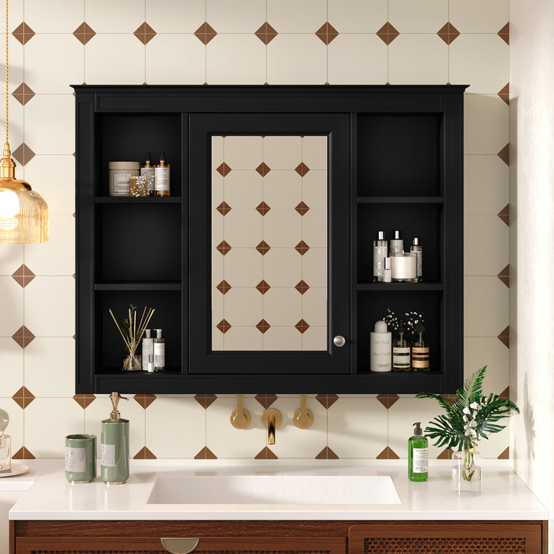 35'' x 27.5'' Medicine Cabinet, Wall Mounted Bathroom Storage Cabinet, Modern Bathroom Wall Cabinet with Mirror, Mirror Cabinet with 6 Open Shelves (Not Include Bathroom Vanity )
