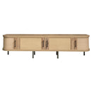 Modern 70inch TV Stand with Rattan Doors, Natural Wood Finish, MDF and Iron Construction for TVs up to 80 inches