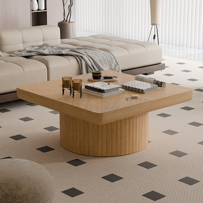 34.6'' Square Coffee Table for Living Room, Modern Wood Veneer Top with Parquet Pattern & Cylindrical Base, Thickened Tabletop, Easy Assembly, Natural Wood