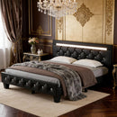 Queen Size Bed Frame with LED Light and Charging Station, Faux Leather Upholstered Platform Bed with Handcrafted Crystal Button Adjustable Headboard, No Box Spring Needed, Solid Wooden Slats, Black