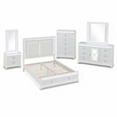 Abigale King 5-Piece Bedroom Set in White with Mirror Top Nightstand, LED Lighting and Footboard Storage Drawers