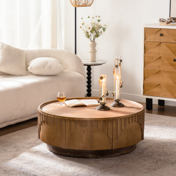 Coffee Table Round Wood Modern Solid Wood Veneer Handcrafted Relief Tea Table with Sturdy Pedestal for Apartment,Living Room