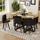 7-Piece Oval Dining Table Set, Fixed Wood Grain & Black Triamine Tabletop with 6 Black PU Leather Chairs, Modern Kitchen Table Set for 6 People, Ideal for Small Spaces, Apartment, Dining Room