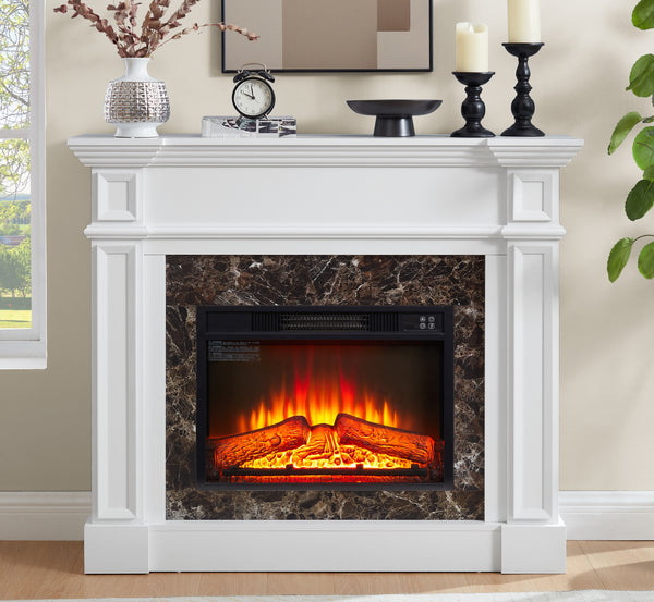Electric Fireplace with Mantel, Fireplace Mantel, Fireplace Heater Freestanding, Realistic Stacked Stone Surround with Remote Control Timer LED Flame, White, 45.66'W*11.8'D*40'H