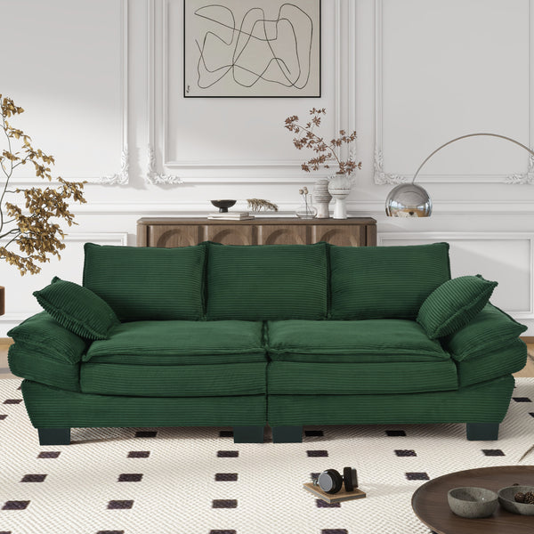 U-Style 85.4' Modern Curved Sofa, Back Upholstered Couch with 2 Decorative Throw Pillows, Corduroy Fabric Couch for Living Room, Bedroom , Apartment