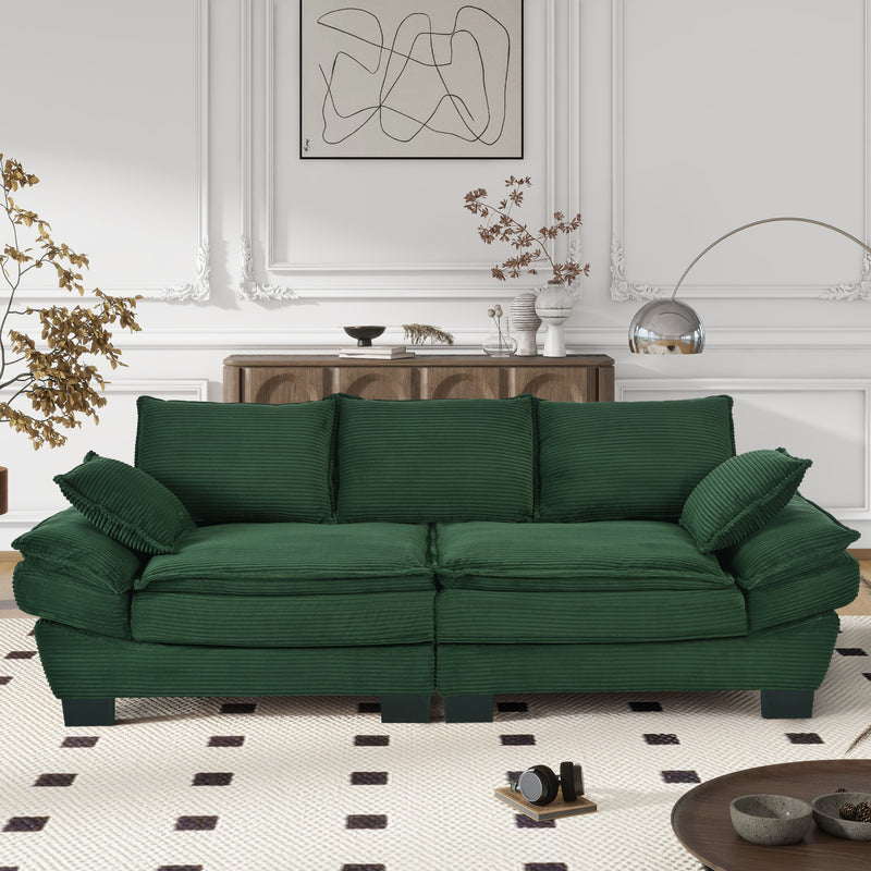 U-Style 85.4' Modern Curved Sofa, Back Upholstered Couch with 2 Decorative Throw Pillows, Corduroy Fabric Couch for Living Room, Bedroom , Apartment