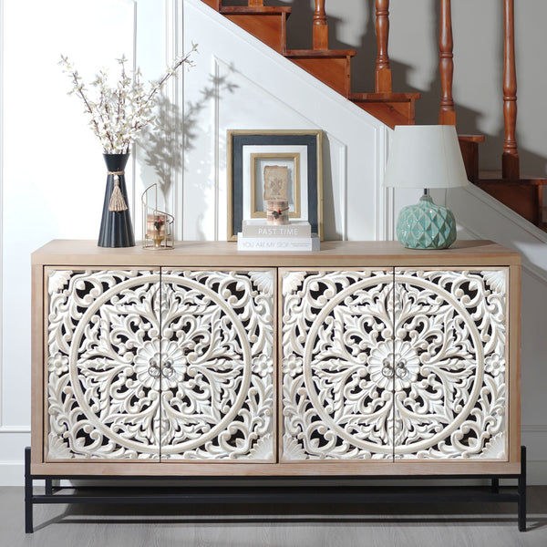4 Door Wood Cabinet, Vintage Carved Wood 4-Door Cabinet with Metal Base Elegant Storage Sideboard for Living Room, Bathroom,Entryway and Kitchen