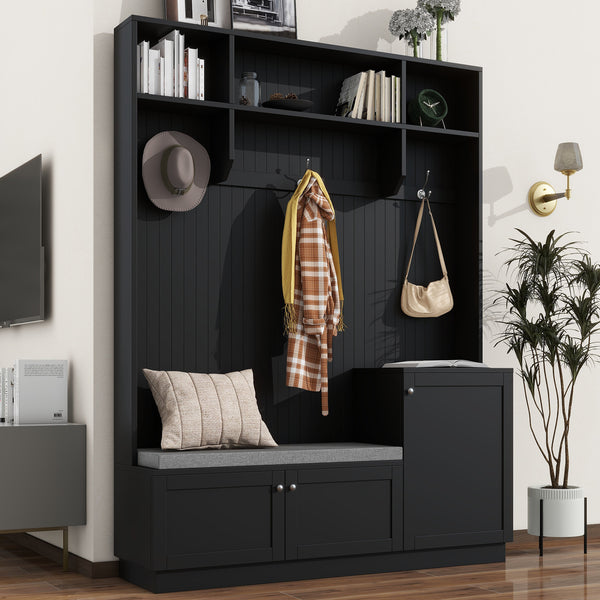 ON-TREND Elegant Design Hall Tree with Comfort and Storage Solutions, Functional Hallway Shoe Cabinet with Bench&Cushion, Modern Coat Rack with Hooks for Entryways, Black (OLD SKU: SD000026AAB)