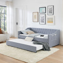 Twin‑Size Daybed,Upholstered Convertible Daybed with Tufted Button Backrest, 3‑in‑1 Versatile Sofa Bed with Pull‑Out Trundle & Side Storage, Perfect for Compact Living-Dark Blue