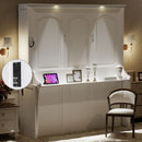 Modern Queen Size Murphy Bed with Desk, LED Lights & USB Charging Station in White MDF and Plywood