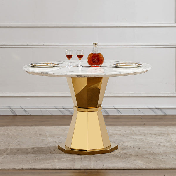 47' Round Marble Dining Table, Modern Kitchen Table with High Gloss Faux Marble Tabletop and Stainless Steel Base for Dining Room, Kitchen (Gold,White)(only table)
